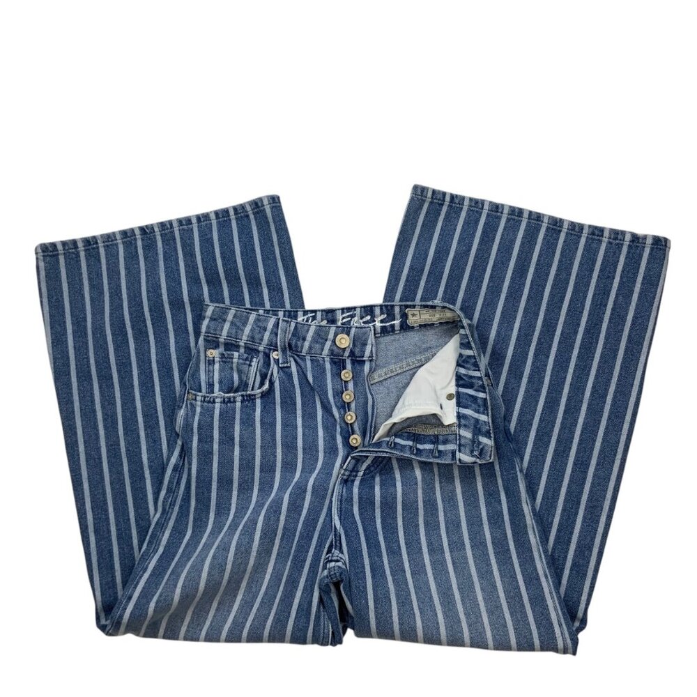 Free People Blue & White Striped Wide Leg Jeans - Picture 3 of 12